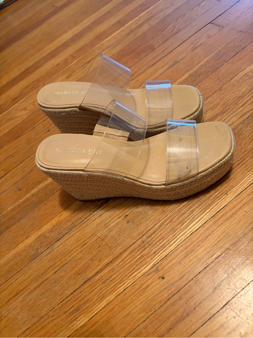 Madden Girl Clear Strap Espadrille Wedges in Nude/Tan